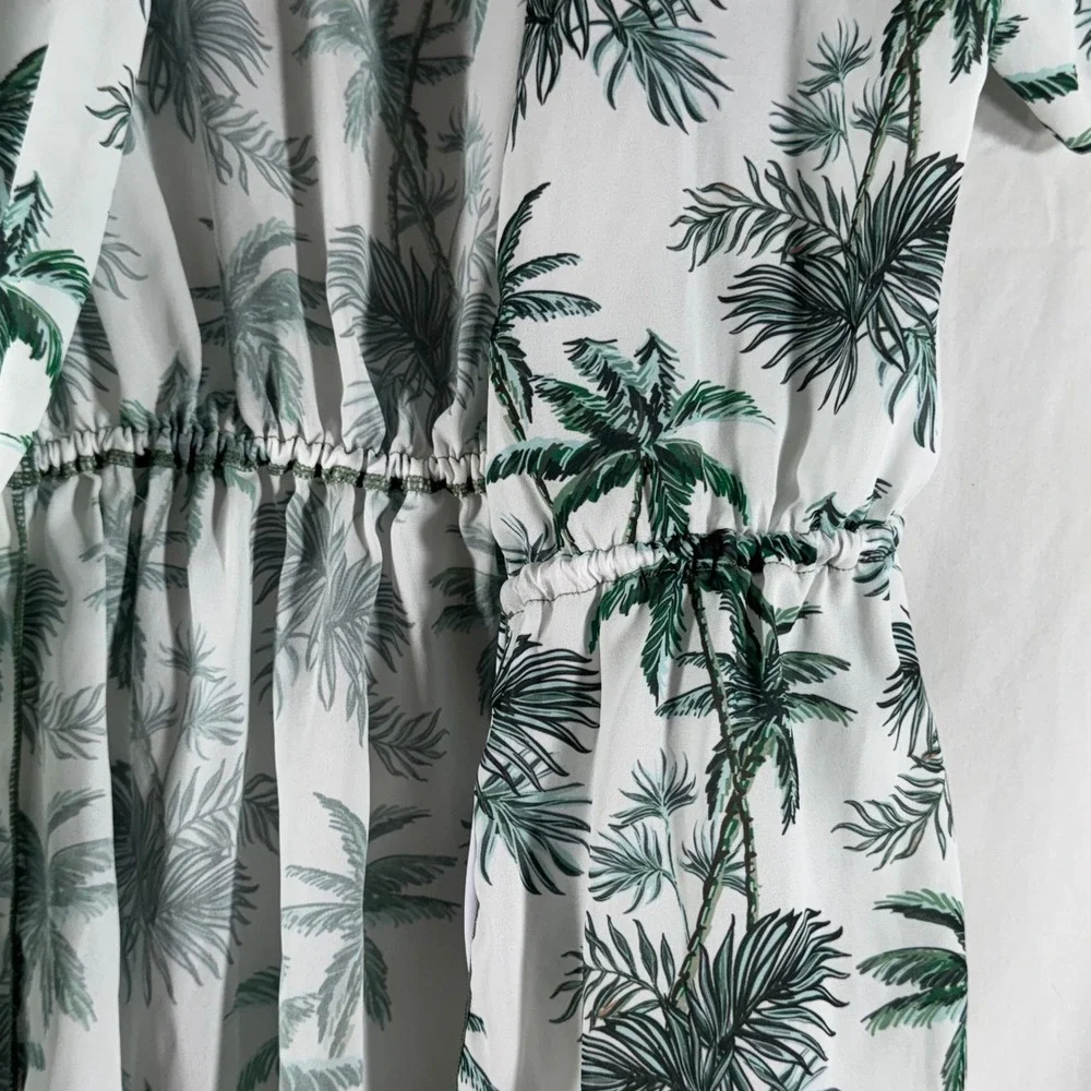 Kids Palm Tree Print Tropical Short Sleeve Elastic Waist Cover Up Dress 15-16Y
